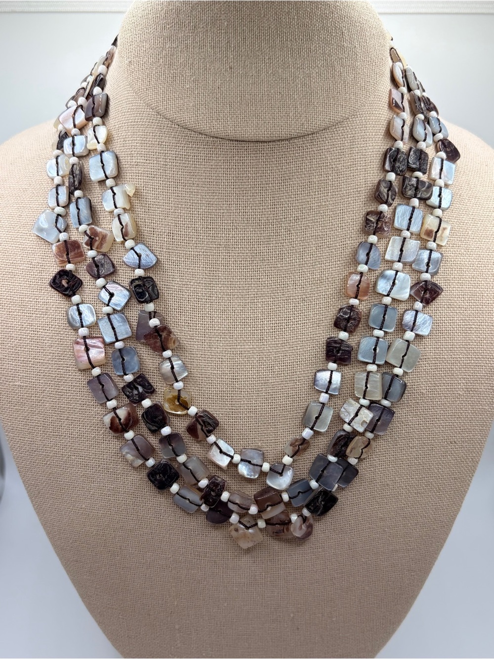 Cookie Lee Multi-Strand Shell Necklace in Brown and Cream